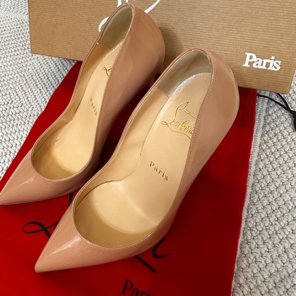Authentic Christian Louboutin Pigalle Follies 100 Nude Patent Heels